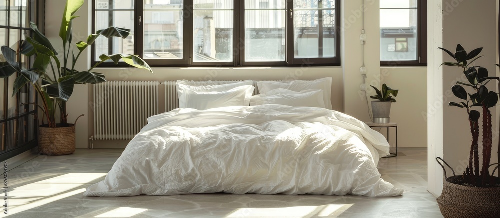 Poster double bed with pillows in interior of the modern bedroom in loft flat in light color style of expen