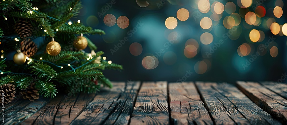Aufkleber Christmas tree with top wood table and Blur background before Christmas day. with copy space image. Place for adding text or design