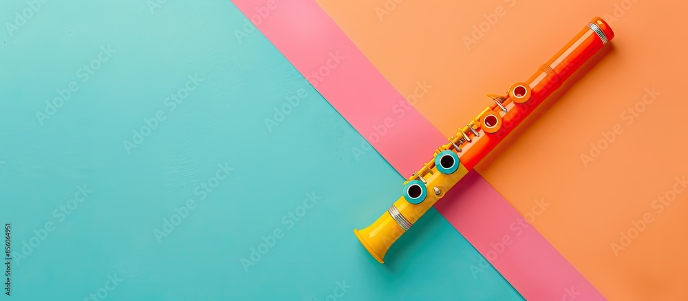 Poster Plastic recorder flute isolated on the pastel background. with copy space image. Place for adding text or design