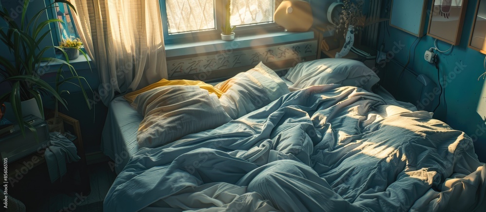 Poster messy bed in early morning , messy bed after waking up . with copy space image. place for adding tex