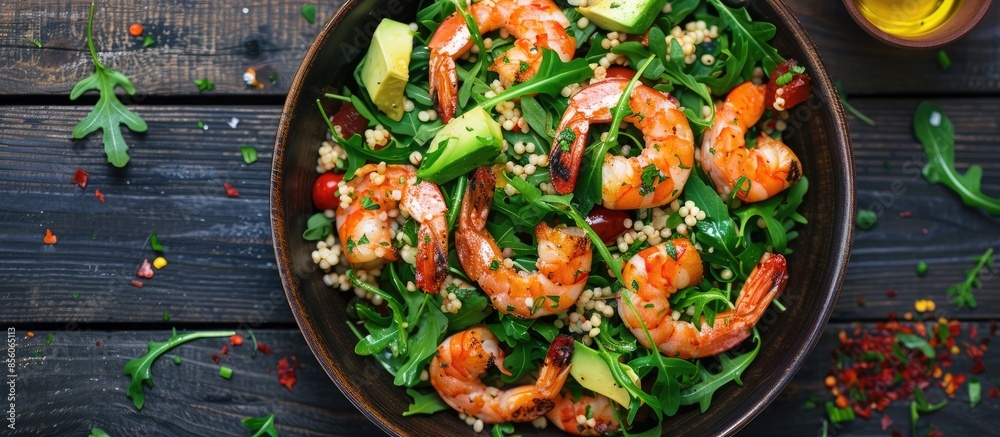 Leinwandbilder food dieting concept. couscous salad with arugula, avocado and grilled shrimps on rustic wooden tabl