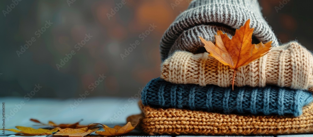 Poster stack of cozy knitted warm sweater with autumn fall maple leaf and beige stylish hat. sweaters in re