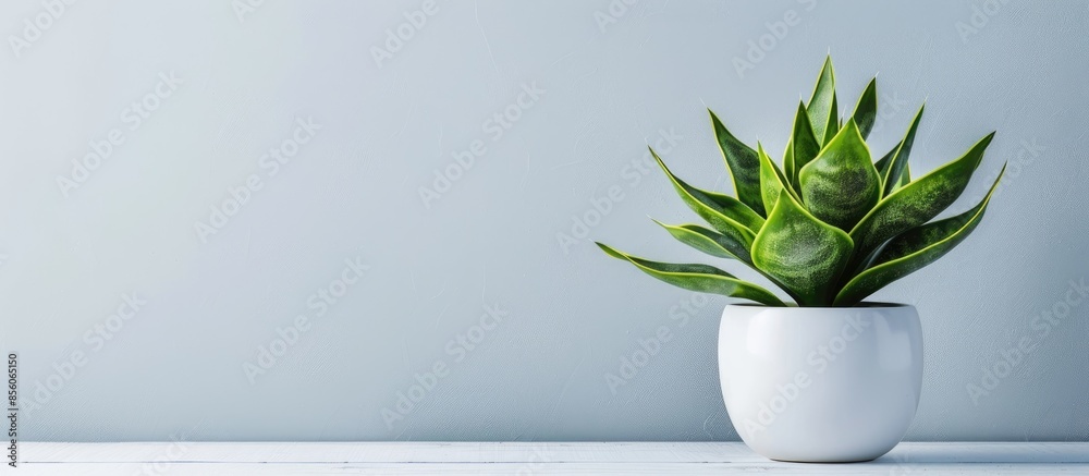 Poster Green mother-in-law's tongue plant in a white pot. with copy space image. Place for adding text or design
