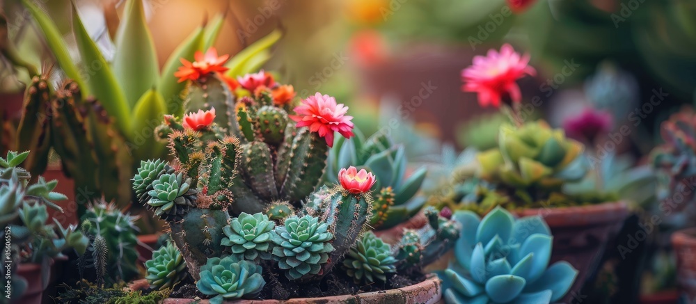 Poster miniature home flowers succulents and cactus in the greenhouse nature background close up. with copy