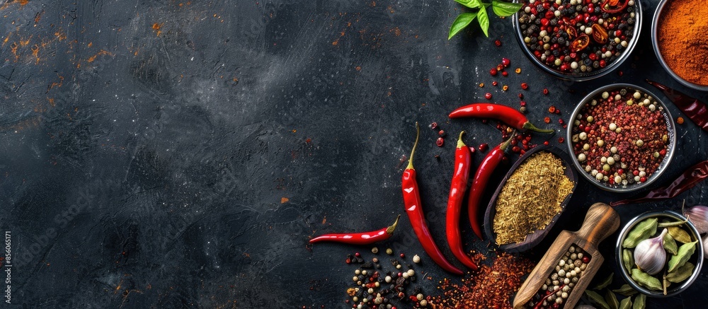 Fototapete various dried indian spices and chilies . with copy space image. place for adding text or design