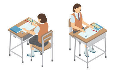 アイソメトリックイラスト：学校の机で勉強する女子高校生(夏服)