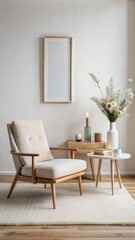 The photo depicts a modern and minimalistic living room interior. The setting features a cozy, white, boucle armchair paired with a wooden chair, both placed around a low wooden coffee table. 