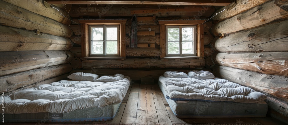 Poster three mattresses in the bedroom at an old wooden house. with copy space image. place for adding text