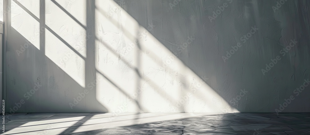 Poster Shadow floor. Abstract light, black shadow overlay from window on white texture wall. Sunlight architecture background. Overlay effect for photo and design. with copy space image