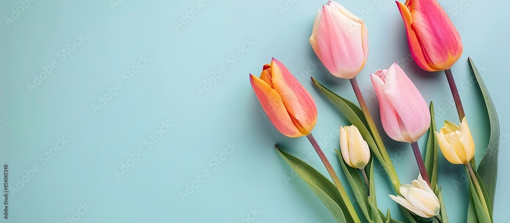 Aufkleber Spring beautiful tulip flower.Flower holiday card pastel background. with copy space image. Place for adding text or design
