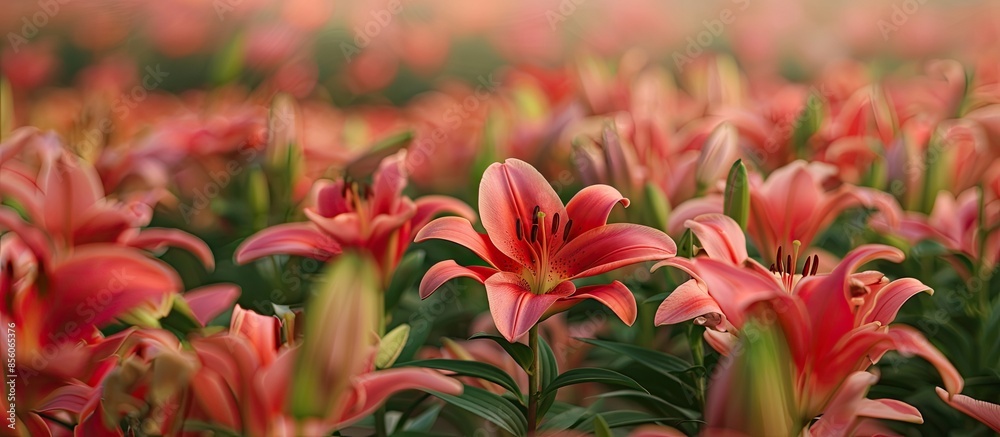 Leinwandbilder Field with dozens of arranged and open pink red lilies (Lilium) pastel background. with copy space image. Place for adding text or design