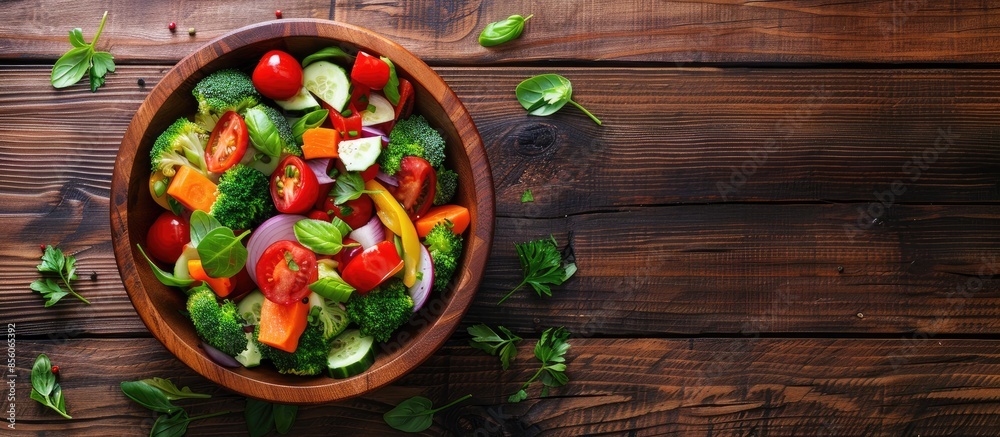 Poster mixed vegetables in wooden bowl on kitchen table, top view. copy space image. place for adding text 