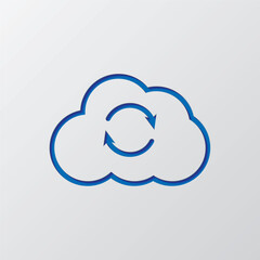 Loading, cloud simple icon vector. Flat design. Paper cut design. Cutted blue symbol with shadow. Gray background