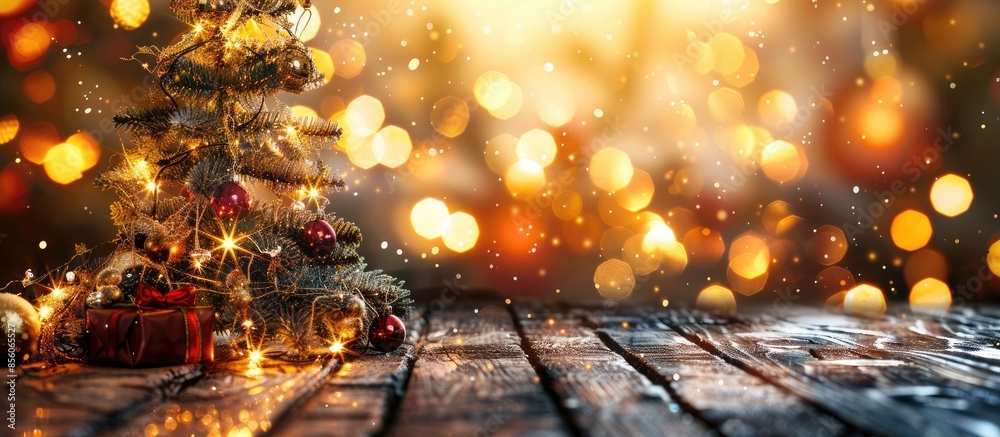 Poster christmas or new year background with decorations on wooden table with warm lighting. with copy spac