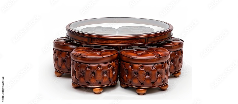 Poster Luxury coffee table and stools. Glass and brown leather coffe table with four stools. Isolated on white background, clipping path included. with copy space image. Place for adding text or design