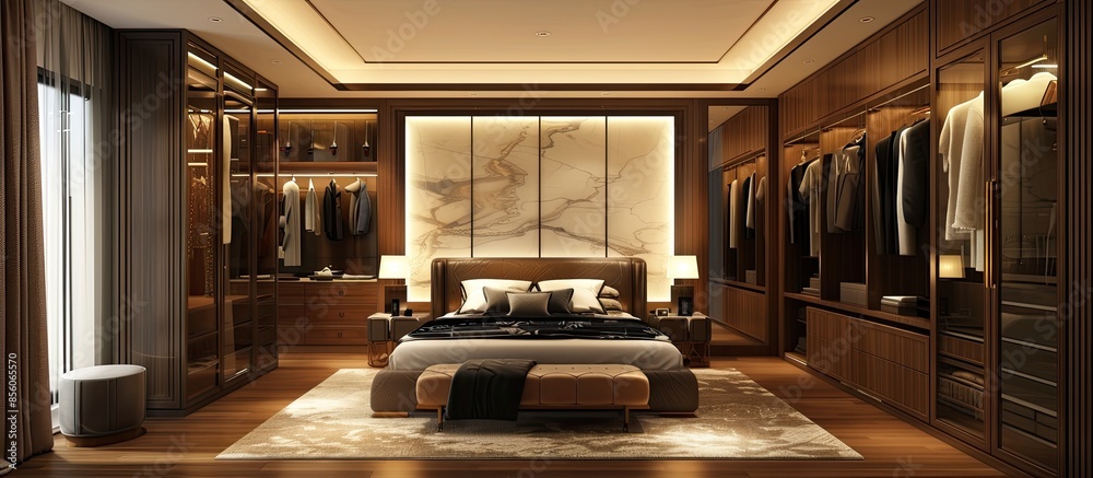 Poster modern bedroom luxury design with wardrobe and closet. with copy space image. place for adding text 