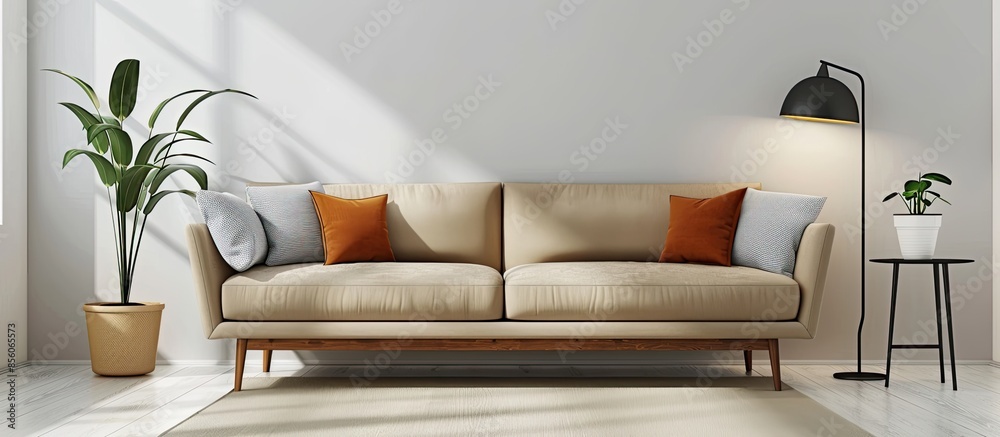 Poster Stylish living room interior with comfortable sofa. with copy space image. Place for adding text or design