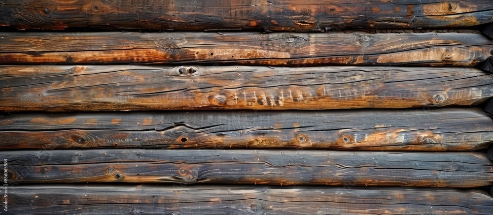 Poster wood logs wall of rural house perfect for background. with copy space image. place for adding text o