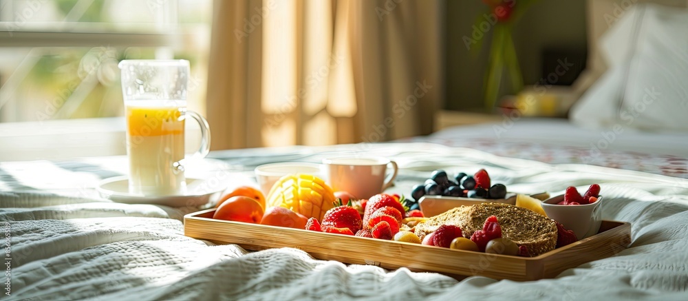 Aufkleber breakfast tray set up on a bed with healthy foods and drink. with copy space image. Place for adding text or design