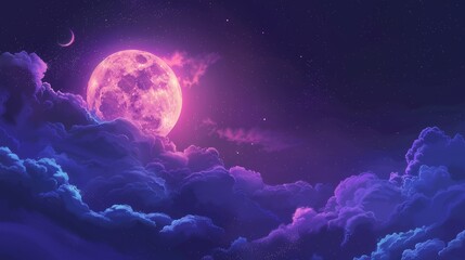 Obraz premium Mesmerizing purple and blue gradient night sky adorned with mystical moonlight and ethereal fluffy clouds, captured in a stunning phone wallpaper.
