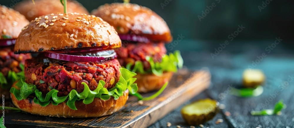 Aufkleber source of fibre plant based vegan soya protein grilled burgers, meat free healthy food close up. wit