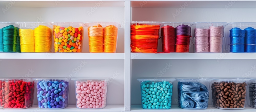 Poster Plastic boxes for storing threads. Home hobby. with copy space image. Place for adding text or design