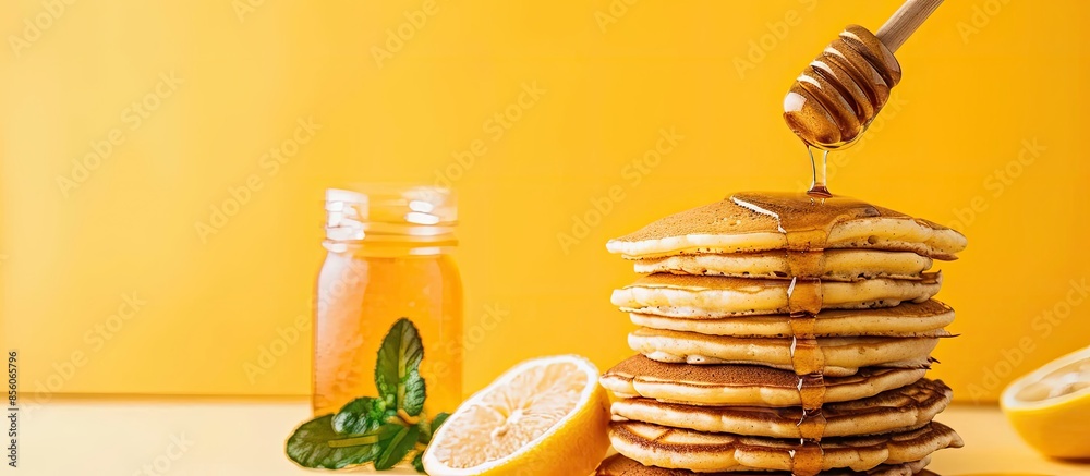 Fototapete pancakes and honey pastel background food isolated. with copy space image. place for adding text or 