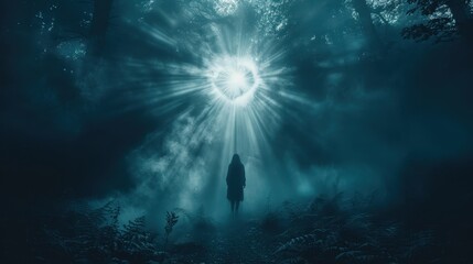 Obraz premium Mystical figure in dark forest with radiant ethereal light. Enchanting, surreal atmosphere. Foggy, mysterious and magical scenery.