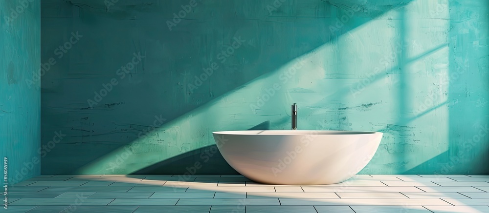 Poster tiled bathroom interior with bath tub. with copy space image. place for adding text or design