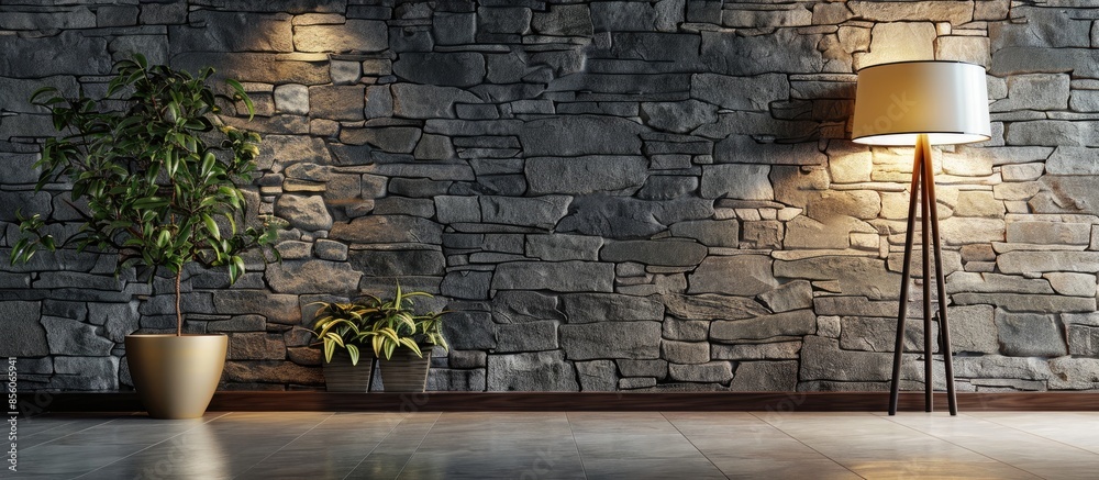 Poster stone wall interior design and modern lamp. with copy space image. Place for adding text or design