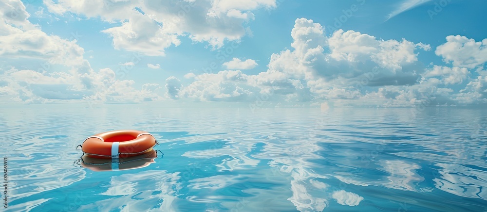 Poster life belt at the sea with island blue sky and clouds. with copy space image. Place for adding text or design