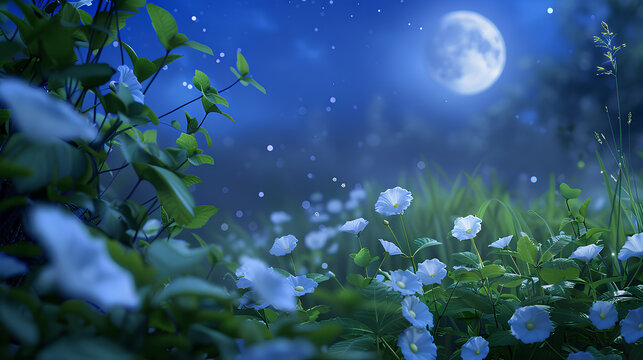 Mystical background with moonflowers and glowing particles under a crescent moonlight.