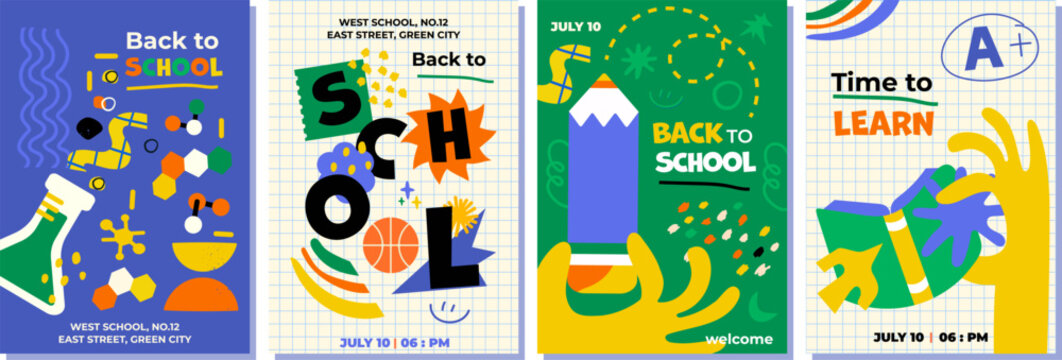4 illustrations Back to school. Set of abstract posters with school supplies. Perfect for social media advertising, print, flyers, postcards and more