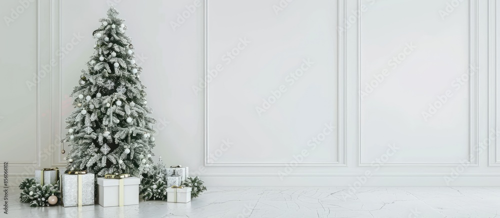 Poster christmas tree with decor in pastel white interior background. with copy space image. place for addi