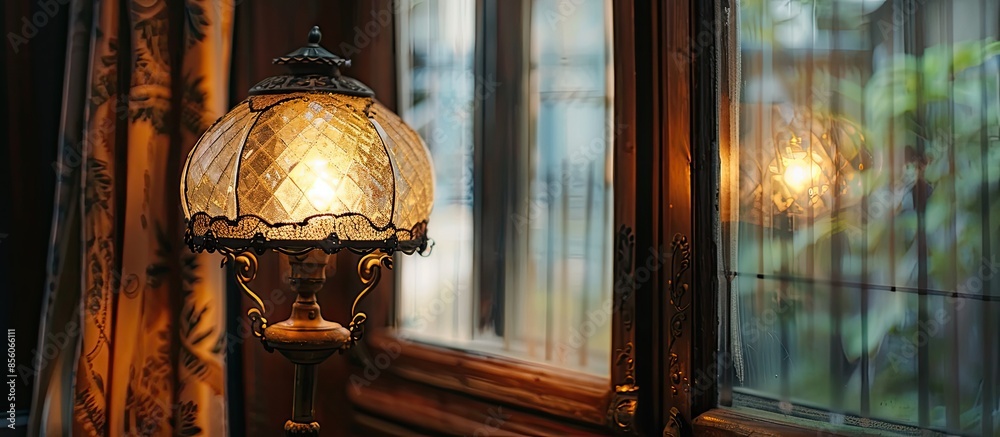 Poster Close - up Vintage table lamp with glass window. with copy space image. Place for adding text or design