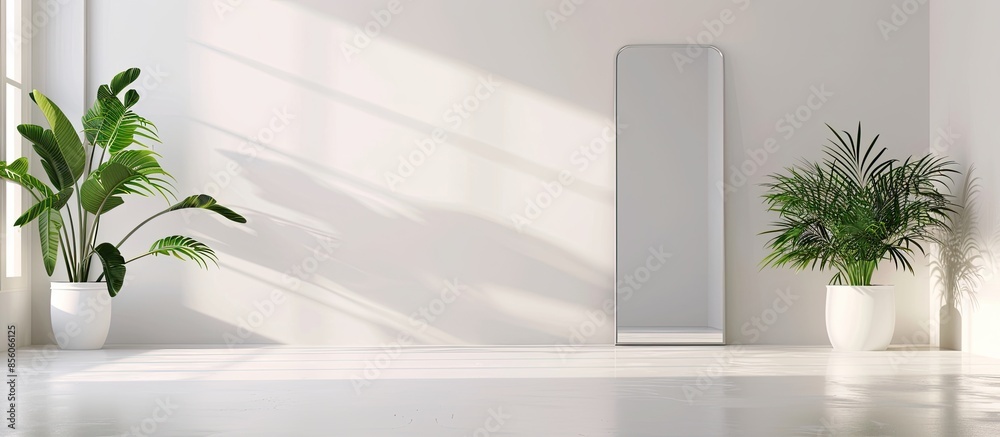 Poster White interior with large housplant and mirror. with copy space image. Place for adding text or design
