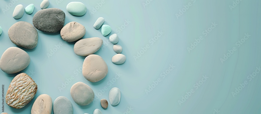Poster ring of wood with stones pastel background  Abstract. with copy space image. Place for adding text or design