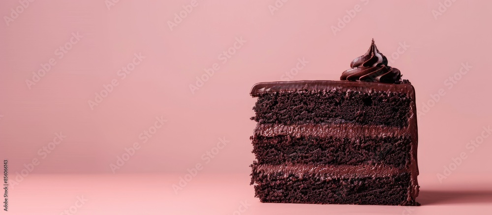 Poster dark chocolate cake, chocolate cake slice pastel background. with copy space image. place for adding