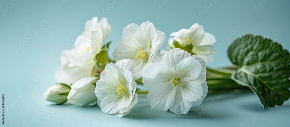 Poster white primroses on pastel background  Flower  Isolated. with copy space image. Place for adding text or design