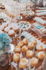 Candy Bar. Sweet holiday buffet with cupcakes and other desserts. Delicious wedding reception candy bar