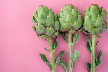 Obraz premium Three Artichokes on Pink Background