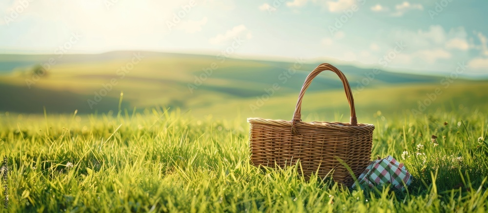 Poster On green grass, a picnic basket against the backdrop of the landscape. A backdrop for relaxing and spending the weekend. Picnic and relaxation. with copy space image. Place for adding text or design