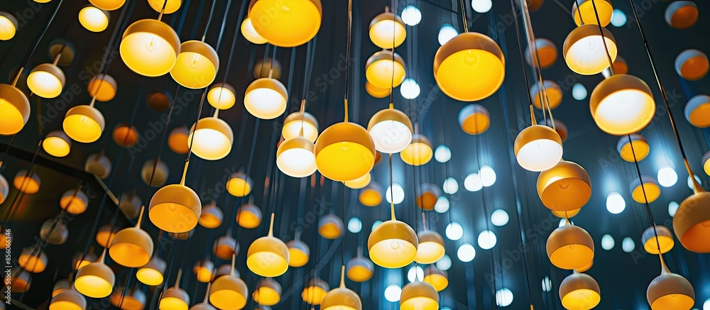Poster Many circular lamps hanging from the ceiling Shining yellow Used as ornaments to decorate buildings and for illumination. with copy space image. Place for adding text or design