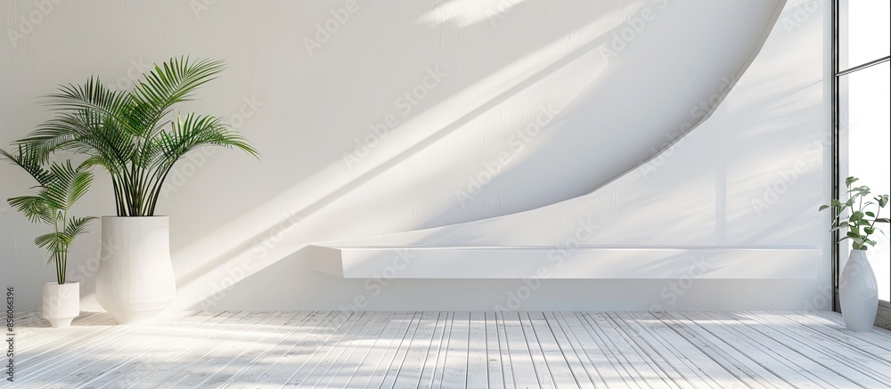 Poster Abstract white interior with wooden floor and wall. with copy space image. Place for adding text or design