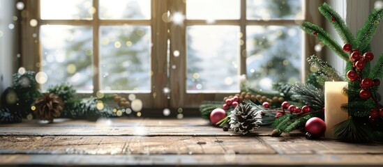 Wooden window sill of free space and xmas time.Christmas time in home and free space for your decoration. . with copy space image. Place for adding text or design