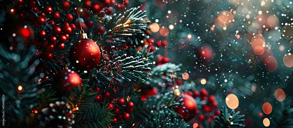 Poster Christmas tree decorated with red toys, ornaments, pine cones, beads bokeh lights dark close-up. with copy space image. Place for adding text or design