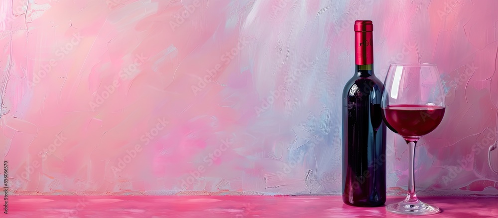 Poster red wine bottle and glass pastel background abstract. with copy space image. place for adding text o