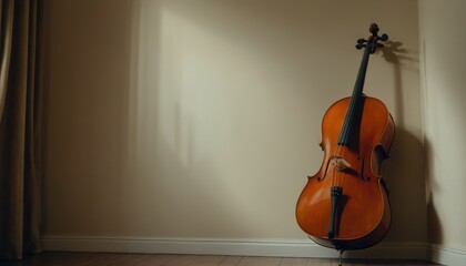 A cello stands elegantly against a wall, bathed in soft natural light