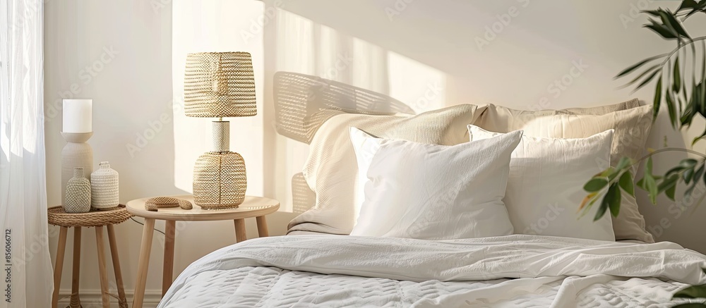 Poster white pillow on bed with table light lamp decoration in bedroom interior. with copy space image. pla