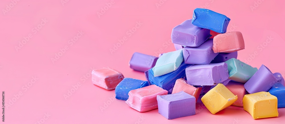 Poster Pile of colored plasticine bricks. Isolated on pastel background with clipping path. with copy space image. Place for adding text or design